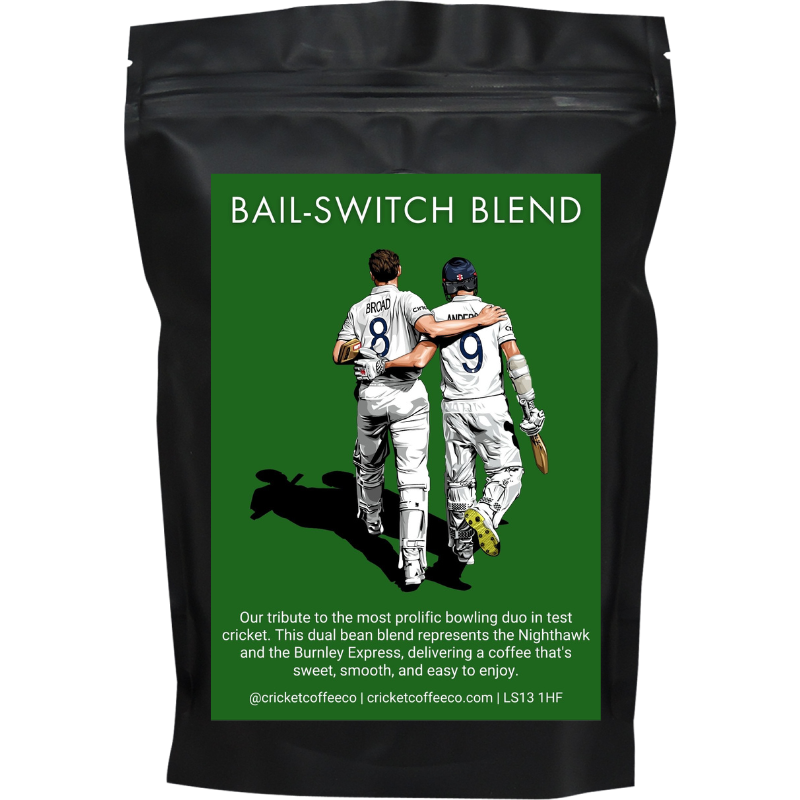 Bag of Bail-Switch Blend coffee from Clubhouse Roastery with a label showing the rich coffee beans and branding.