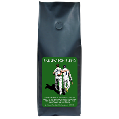 Bail-Switch Blend coffee by Clubhouse Roastery, 500g bag with fresh roasted whole beans on a wooden surface.