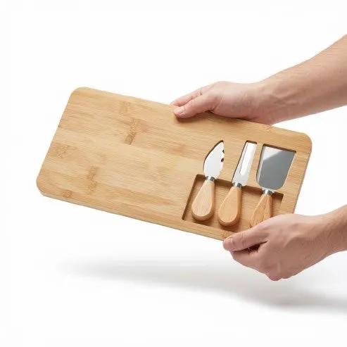 Bamboo cheese board set with cheese knives and serving utensils, ideal for entertaining and gift-giving from Glassware UK.