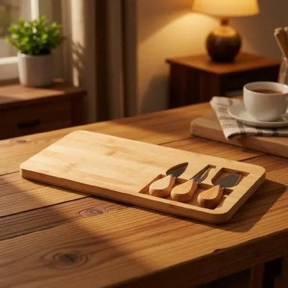 Bamboo cheese board set with cheese knives and accessories, ideal for serving cheese and snacks in a stylish kitchen or dining setting.