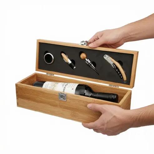 Handheld bamboo wine accessory gift set from Glassware UK, includes tools for wine serving and tasting.