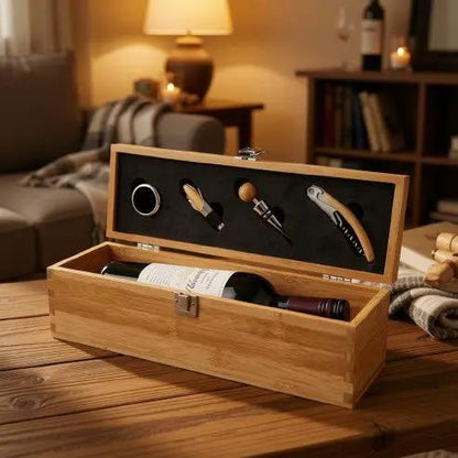 Bamboo wine accessory gift set from Glassware UK, includes corkscrew, stopper, and pourer with a stylish bamboo finish.