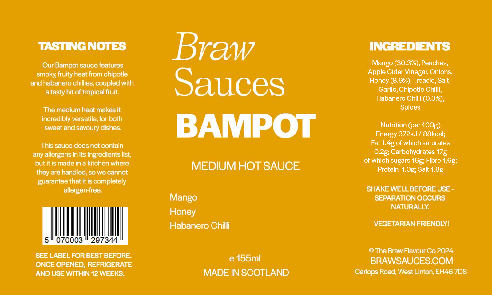 Bampot Hot Sauce by Braw Sauces, featuring a colorful bottle label and fresh peppers in the background.