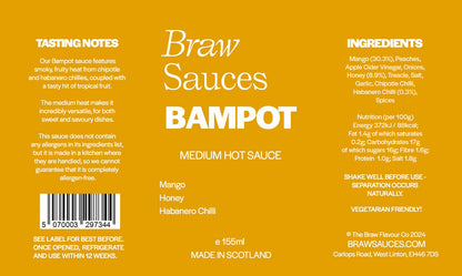 Bampot Hot Sauce by Braw Sauces, featuring a colorful bottle label and fresh peppers in the background.