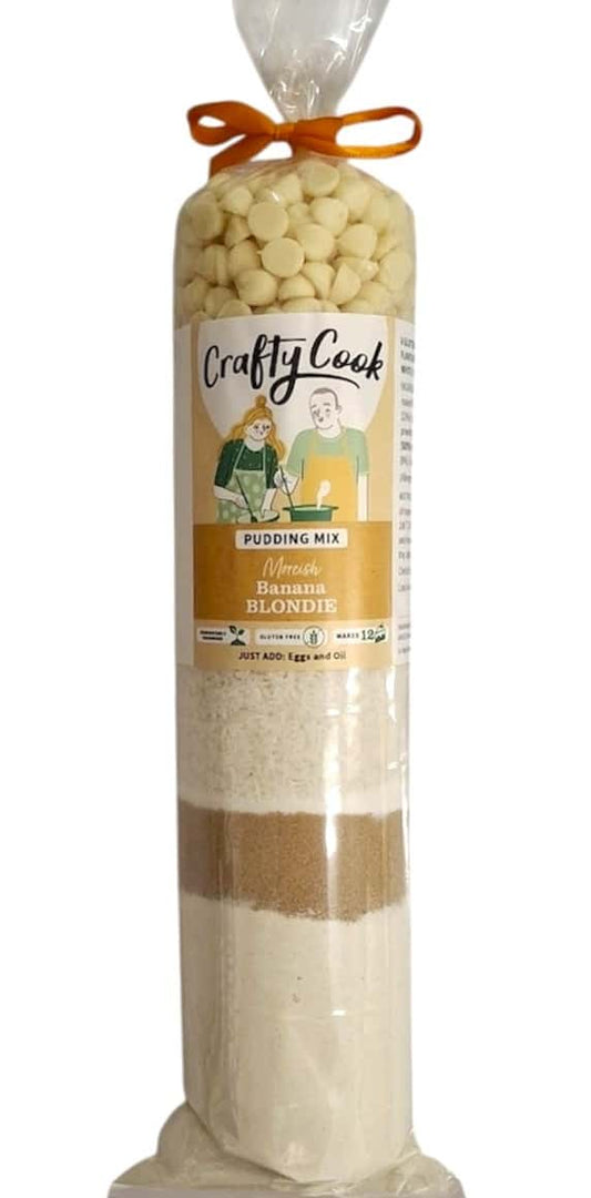 Gluten-free banana blondie mix from Crafty Cook, showing a ready-to-bake package with banana-flavored dessert mix.