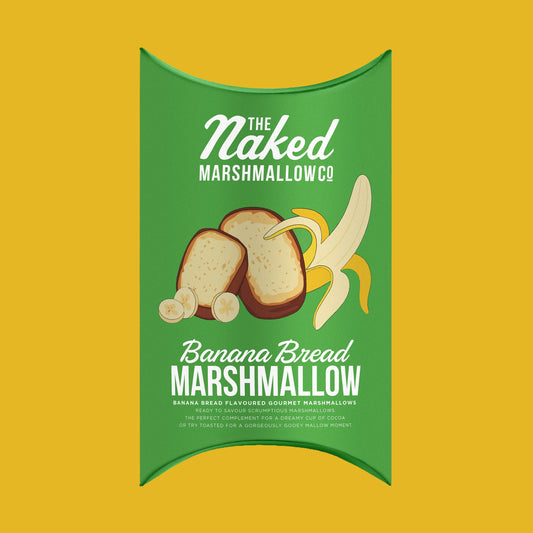 Gourmet banana bread marshmallow by THE MARSHMALLOW FACTORY in a pillow pack, showcasing soft, fluffy marshmallows with banana bread flavor.