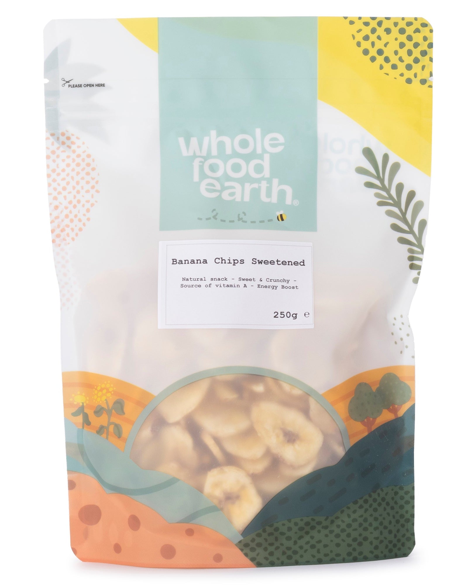 Sweetened banana chips from Whole Food Earth, dried fruit snack with golden banana slices in a clear bag.