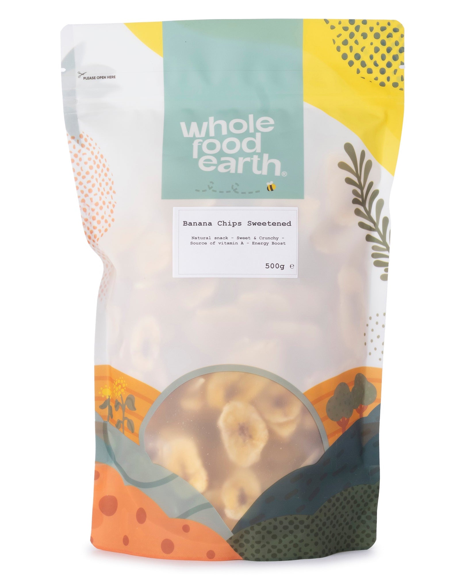Sweetened banana chips from Whole Food Earth, dried fruit snack with golden, crispy banana slices in a 500g package.