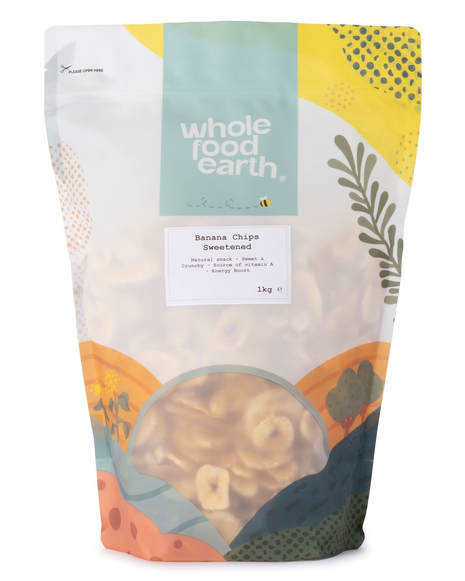 Sweetened banana chips from Whole Food Earth, dried fruit snack with golden banana slices in a clear bag.