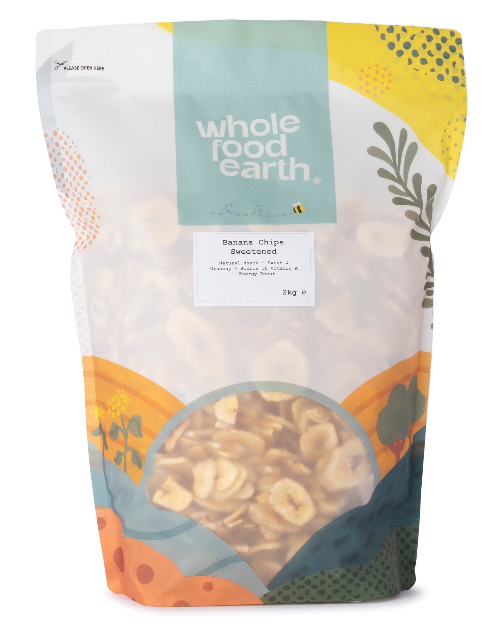 Sweetened banana chips from Whole Food Earth, dried fruit snack with golden banana slices in a clear bowl.