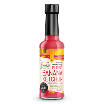 RoniBs Kitchen Filipino banana ketchup bottle showing its smooth, sweet and tangy banana-based ketchup sauce.