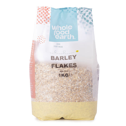 Whole Food Earth barley flakes cereal in a 1kg package, showcasing the textured, golden barley flakes suitable for breakfast.