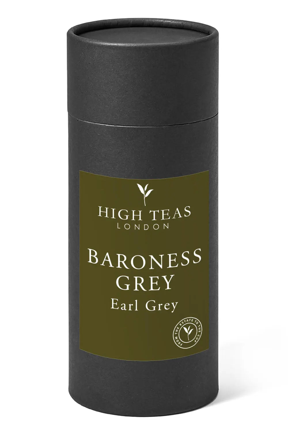 Loose leaf Baroness Grey Blend tea by High Teas, showing a close-up of the aromatic grey tea leaves in a clear jar.