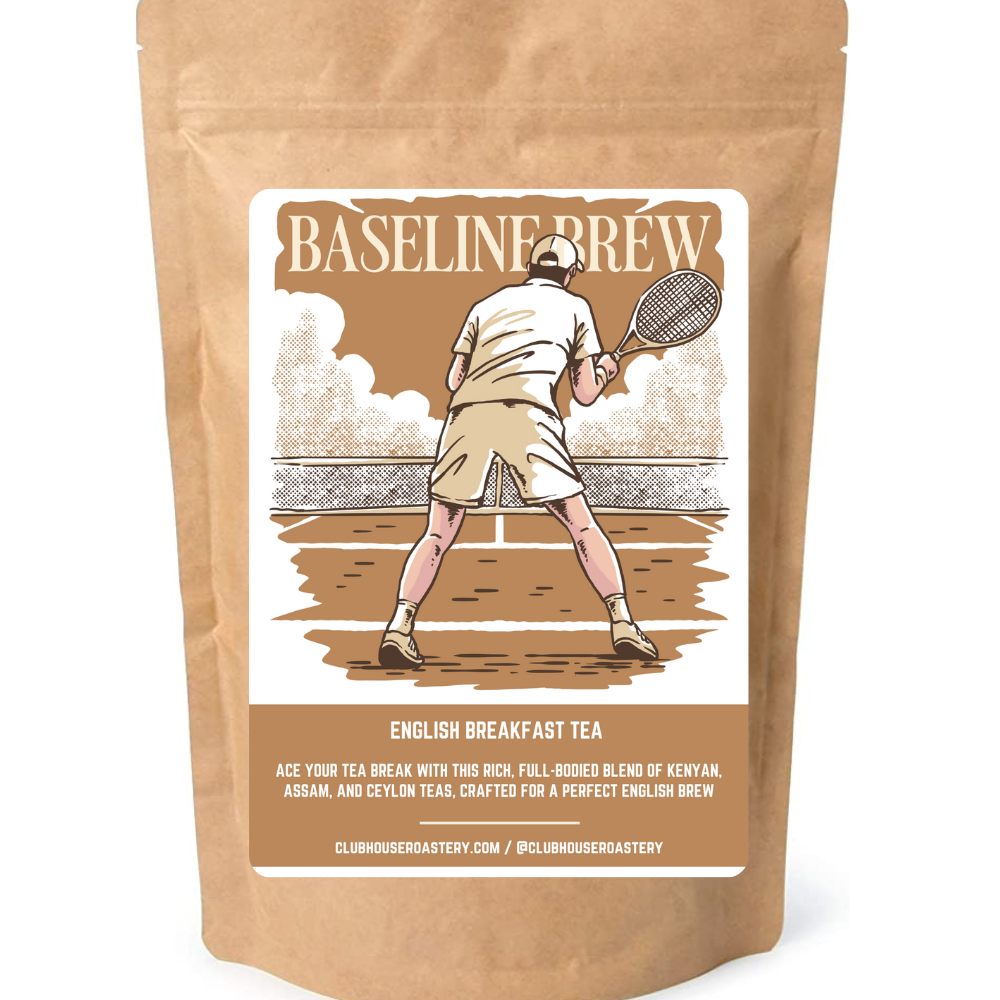 English Breakfast Tea bag from Clubhouse Roastery, showcasing the packaging and tea bag for Baseline Brew English Breakfast Tea.