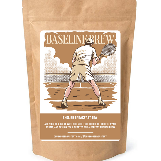 English Breakfast Tea bag from Clubhouse Roastery, showcasing the packaging and tea bag for Baseline Brew English Breakfast Tea.