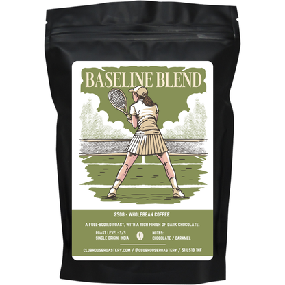 Bag of Clubhouse Roastery Baseline Blend coffee, showcasing a dark roasted coffee beans bag with branding and product label.