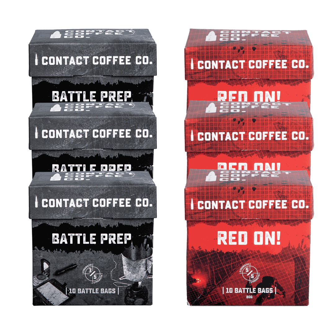 Single serve coffee bags bundle from Contact Coffee Company Ltd. with a BattleBoxBudel logo on the packaging.