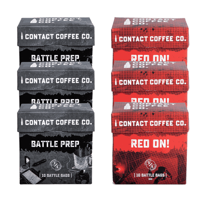 Single serve coffee bags bundle from Contact Coffee Company Ltd. with a BattleBoxBudel logo on the packaging.