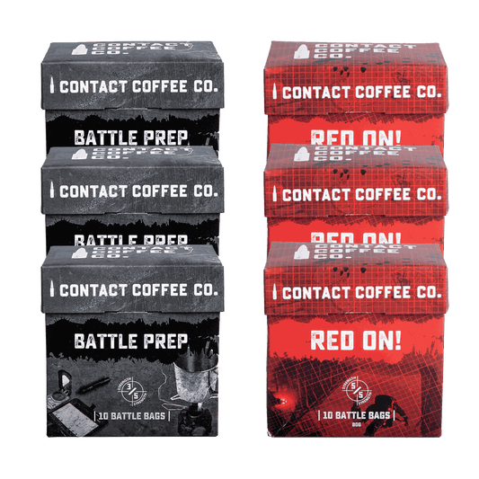 Single serve coffee bags bundle from Contact Coffee Company Ltd. with a BattleBoxBudel logo on the packaging.
