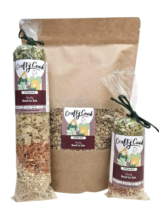 All-purpose Beef in Ale Stew Mix by Crafty Cook, featuring seasoned beef stew mix with herbs and spices in a colorful package.