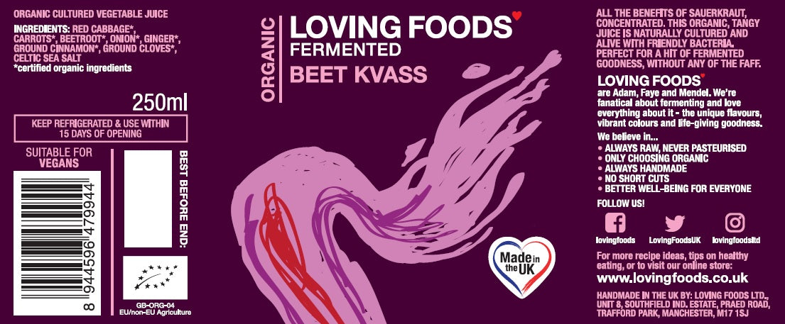Assorted bottles of Loving Foods fermented vegetable juice, including beet kvass, in a mixed case display.