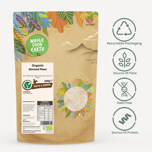 Organic almond flour in a clear bag, highlighting its natural, raw appearance, from Whole Food Earth, ideal for baking and health recipes.