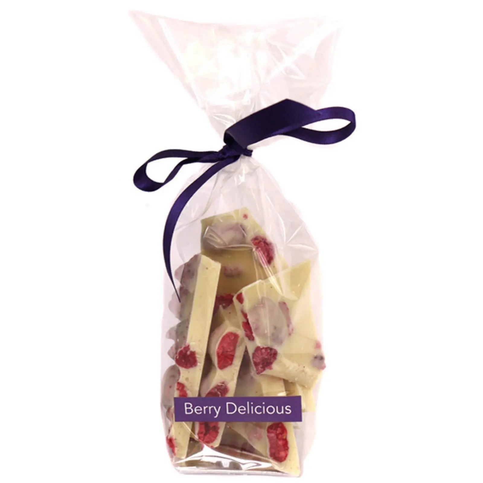 Handmade white chocolate and raspberry berry delicious treat from Gorvett & Stone, shown in its packaged form.