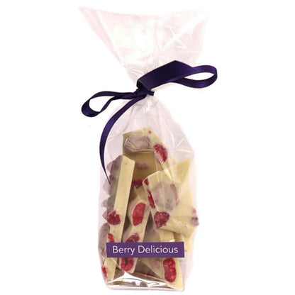 Handmade white chocolate and raspberry berry delicious treat from Gorvett & Stone, shown in its packaged form.