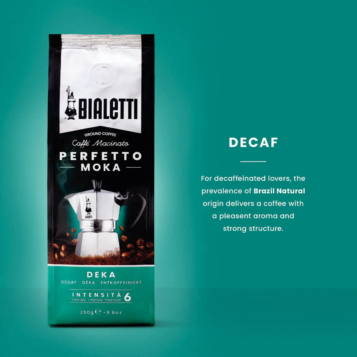 Bialetti Perfetto Moka stovetop coffee maker with Brew Italia decaffeinated Bialetti coffee beans in a sleek packaging.