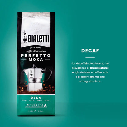 Bialetti Perfetto Moka stovetop coffee maker with Brew Italia decaffeinated Bialetti coffee beans in a sleek packaging.