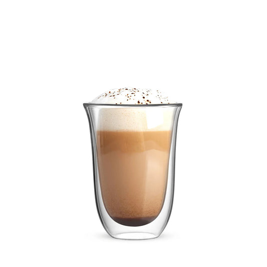 Pair of Brew Italia Firenze double-walled glass coffee cups showing clear glass construction and 300ml capacity.