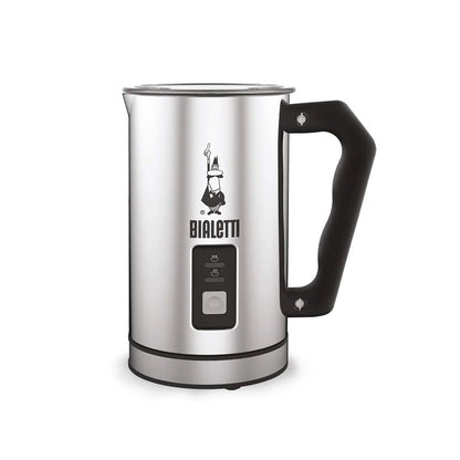Bialetti electric milk frother in stainless steel, 330ml capacity, for creamy froth and hot milk, by Brew Italia.