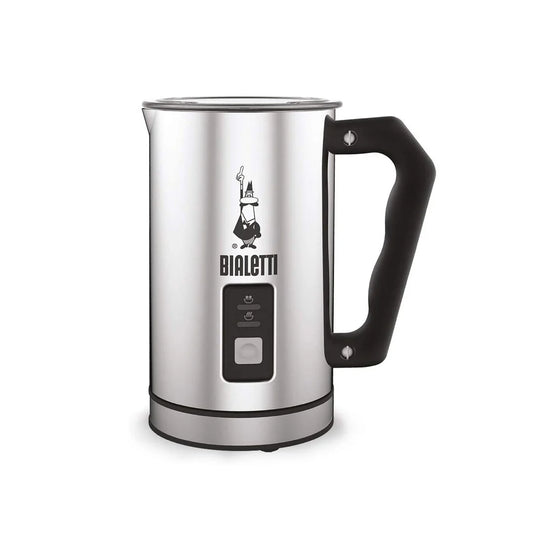 Bialetti electric milk frother in stainless steel, 330ml capacity, for creamy froth and hot milk, by Brew Italia.
