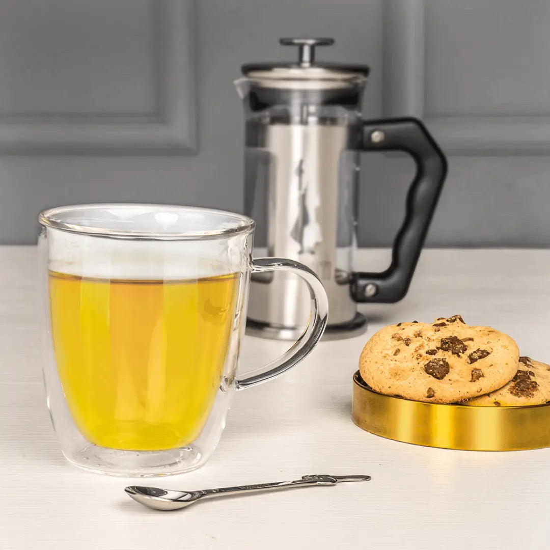 Set of two Brew Italia Capri double-walled glass mugs with handles, 350ml capacity, from Bialetti Hardware, perfect for coffee.