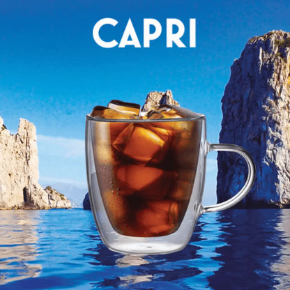 Set of two Brew Italia Capri double-walled glass mugs with 350ml capacity, featuring clear glass and stylish design.