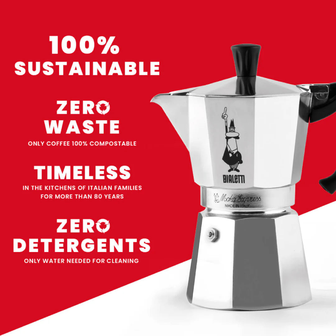 Bialetti Moka Express coffee maker by Brew Italia, showcasing its classic aluminum design and handle for brewing espresso.