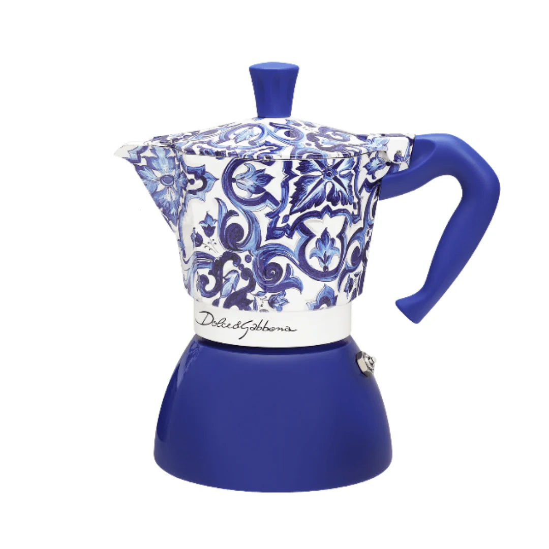 Bialetti Blue Mediterranean Moka induction coffee maker by Brew Italia, 6-cup size with stylish Dolce&Gabbana design.