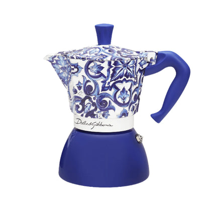 Bialetti Blue Mediterranean Moka induction coffee maker by Brew Italia, 6-cup size with stylish Dolce&Gabbana design.