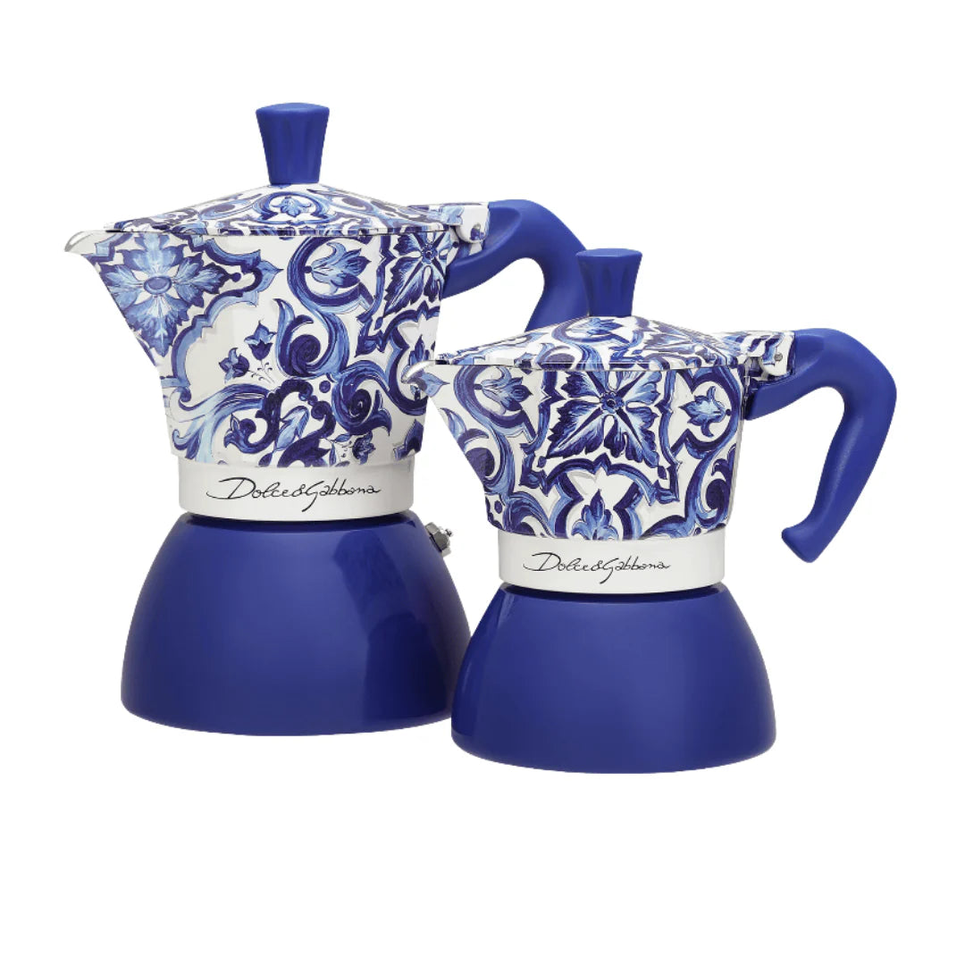 Bialetti Blue Mediterranean Moka induction coffee maker from Brew Italia, featuring vibrant blue design and stainless steel hardware.