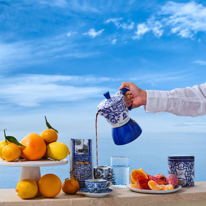 Bialetti Blue Mediterranean Moka induction espresso maker with Dolce&Gabbana design, part of Brew Italia's Bialetti hardware collection.