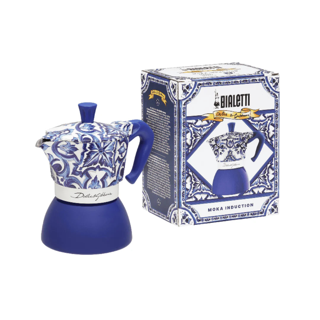 Bialetti Blue Mediterranean Moka Induction coffee maker by Brew Italia, with packaging and blue design elements.