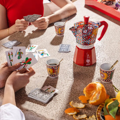 Bialetti Sicilian Cart Moka Express coffee maker from Brew Italia, featuring vibrant Dolce&Gabbana design and Bialetti hardware.