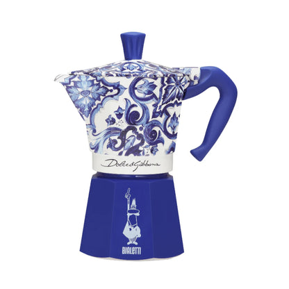 Bialetti X Dolce&Gabbana Blue Mediterranean Moka Express coffee maker by Brew Italia, featuring a stylish blue design and Bialetti hardware.