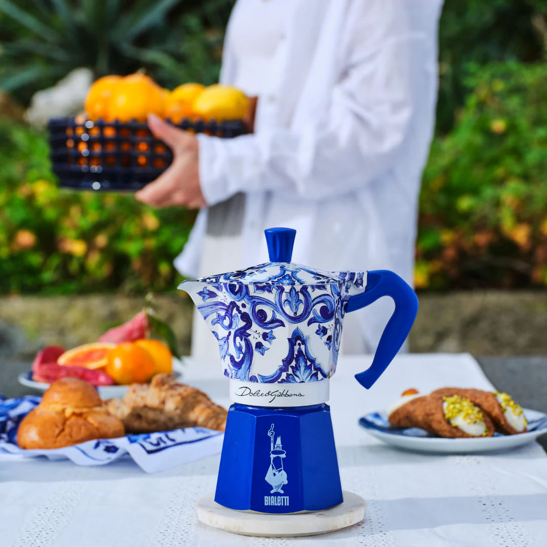 Bialetti X Dolce&Gabbana Blue Mediterranean Moka coffee set with 6-cup espresso maker and stirrer from Brew Italia.