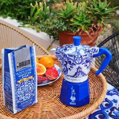Bialetti X Dolce&Gabbana Blue Mediterranean gift set with 3-cup Moka Express and stirrer, part of Brew Italia's Bialetti hardware collection.