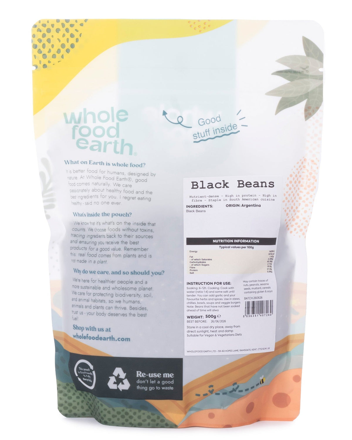 Whole Food Earth black beans, 500g package, showing shiny black beans in a clear view, part of the beans and pulses product range.