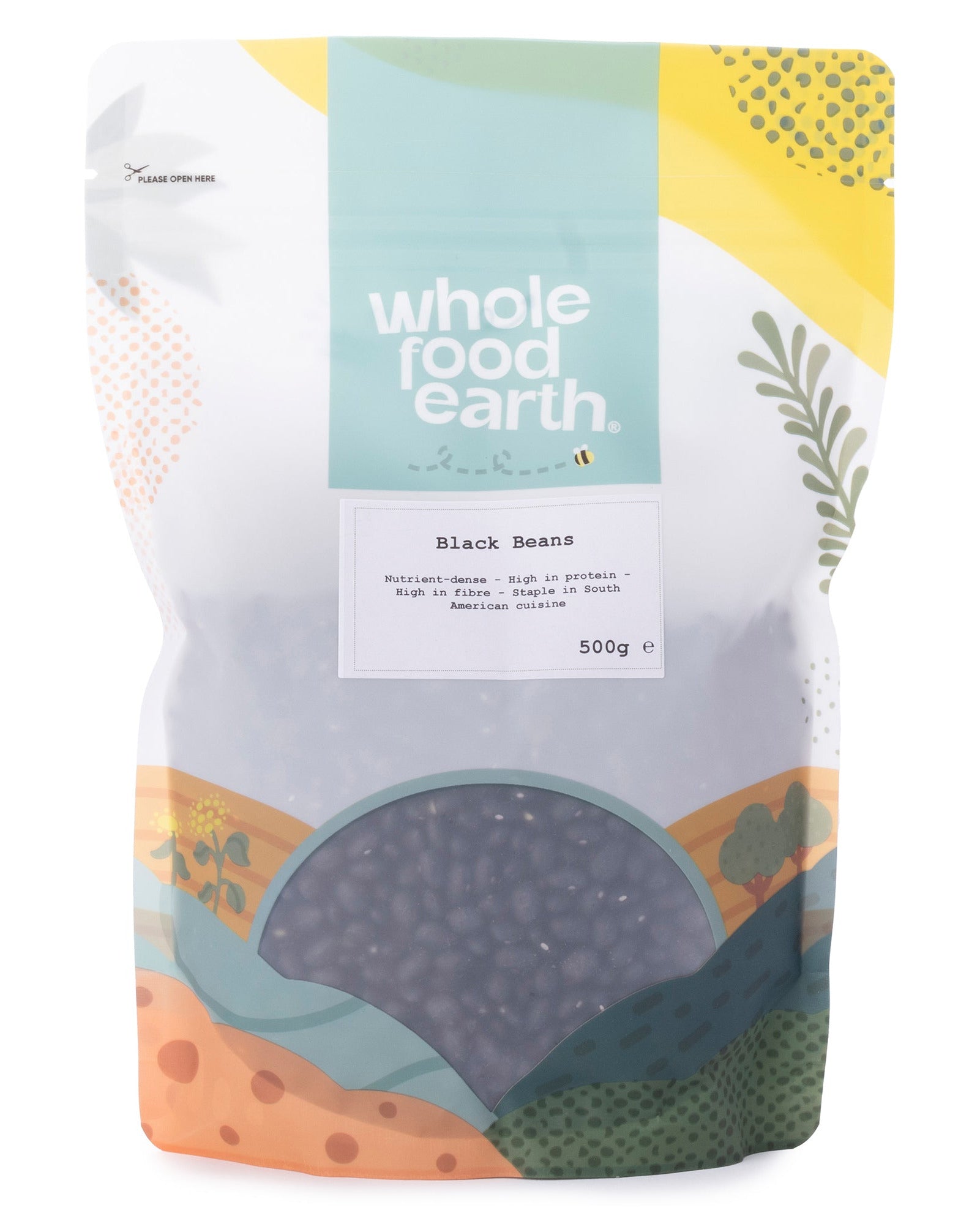Whole Food Earth black beans in a 500g package, showing shiny black beans in a clear bag for beans and pulses.