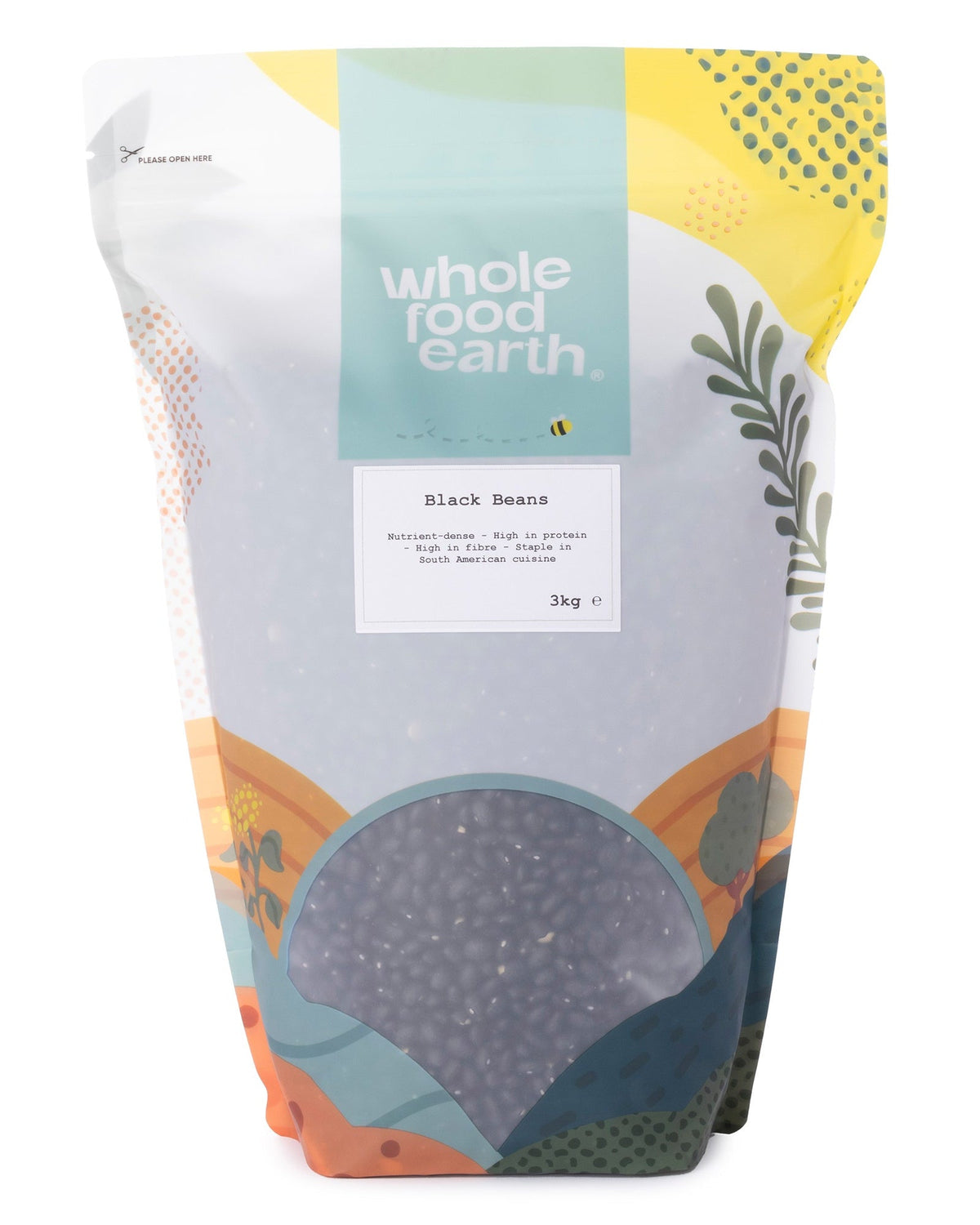 Whole Food Earth black beans in a 3kg bag, showing shiny, cooked black beans and dry beans in a natural setting.