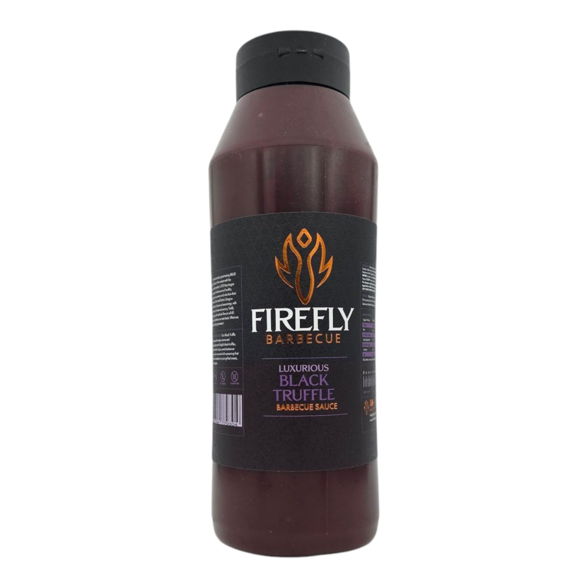 Black truffle BBQ sauce from FireFly Barbecue in a 1-liter bottle, showcasing a rich, dark sauce with black truffle pieces.