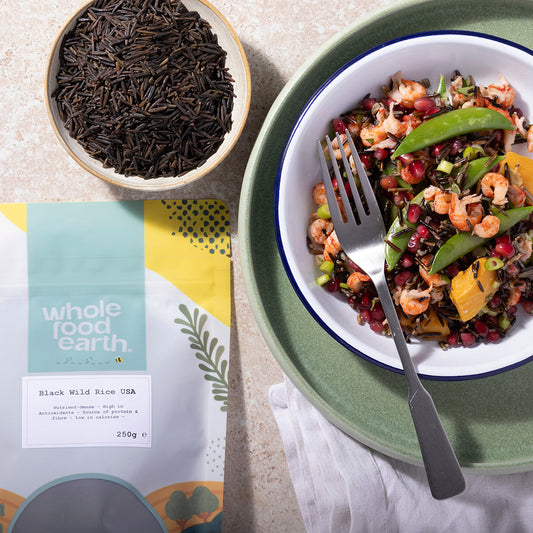 Black Wild Rice from Whole Food Earth, a healthy rice and couscous option, shown in a natural lifestyle setting.